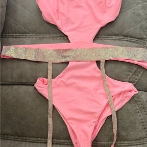 Fashion Nova Pink One Piece Swimsuit with matching garter belt